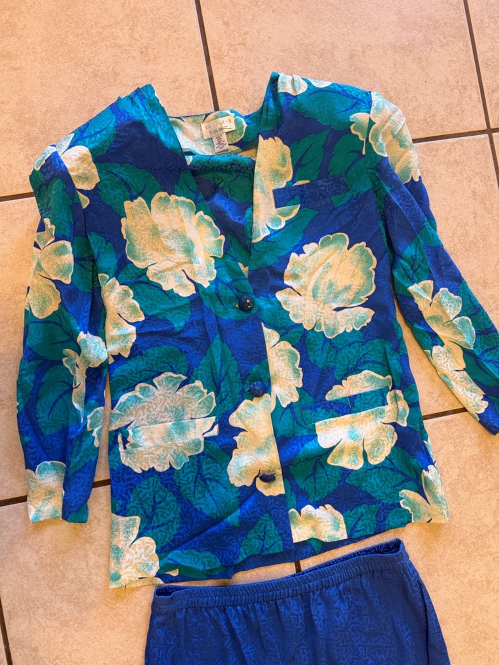 Vintage 90s 100% Silk Floral Skirt Suit Set | Blue Co-Ord Power Suit - Picture 4 of 10